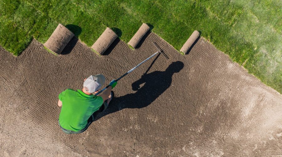 Aerial view of a man maintaining a golf course. Installing new grass turfs.